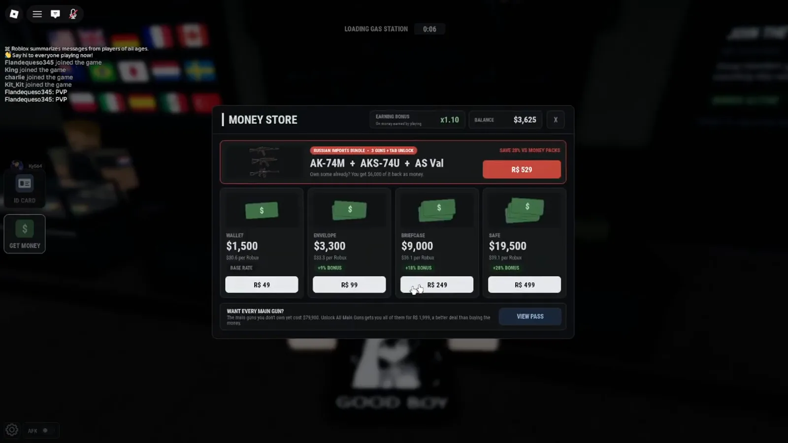 Realistic Home Defense Money Store listing Wallet $1,500 for R$49 through Safe $19,500 for R$499, x1.10 earning bonus, and R$529 Russian Imports bundle.