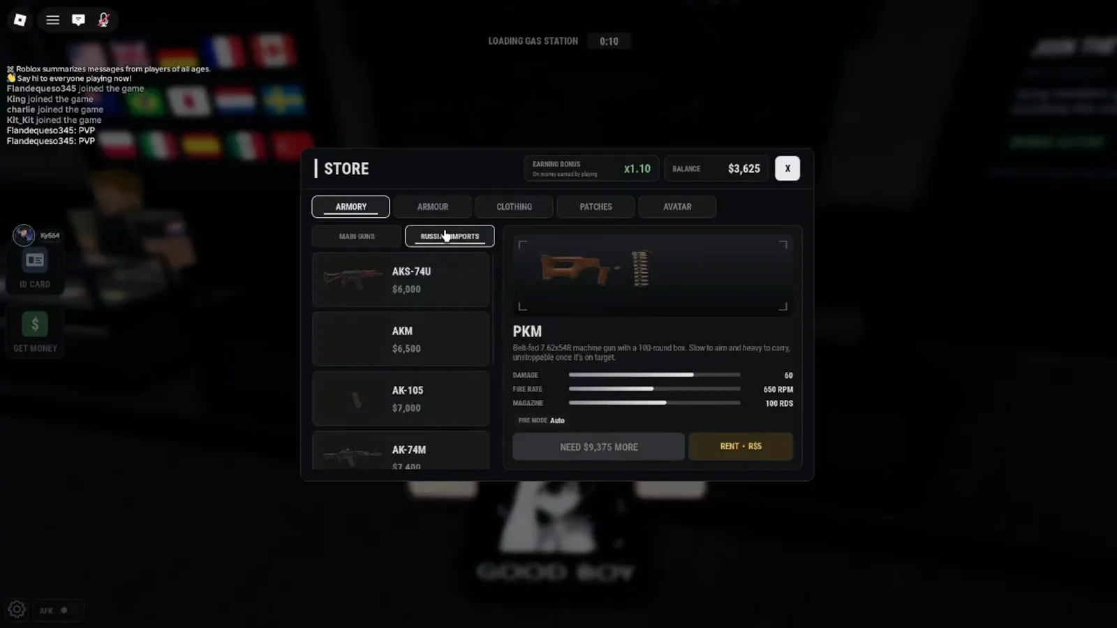 Realistic Home Defense Store header with EARNING BONUS x1.10 on money earned by playing, balance $3,625, and Russian Imports tab highlighted.