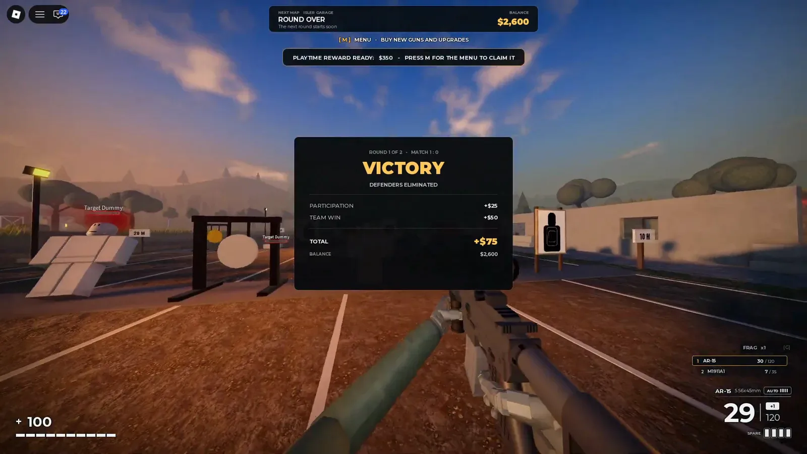 Realistic Home Defense VICTORY overlay at the range listing Participation +$25, Team Win +$50, total +$75, balance $2,600, and Idler Garage next map.