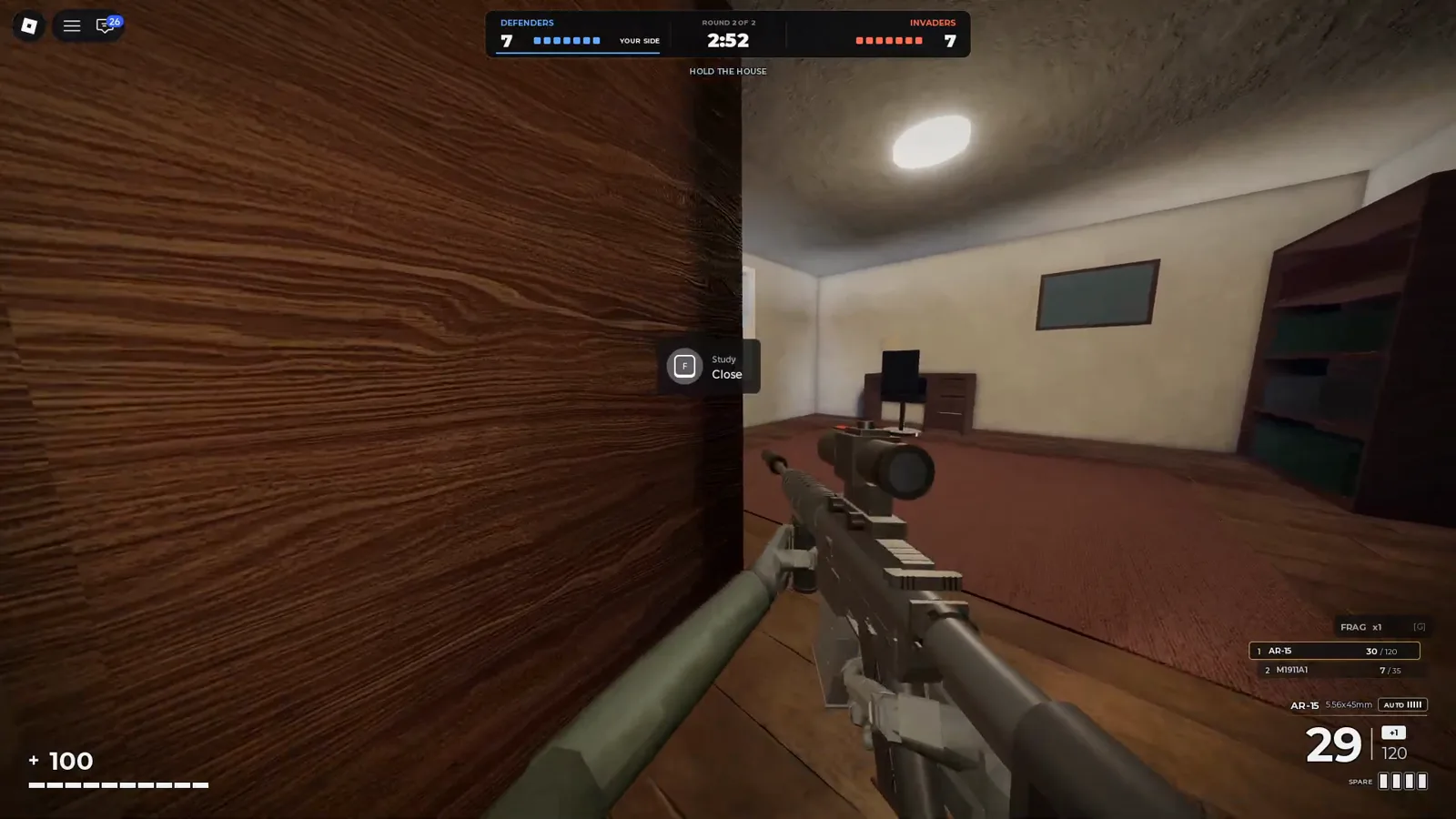 Realistic Home Defense defender peeking a doorway with an AR-15 while the HUD shows F to close the Study door during Hold the House.