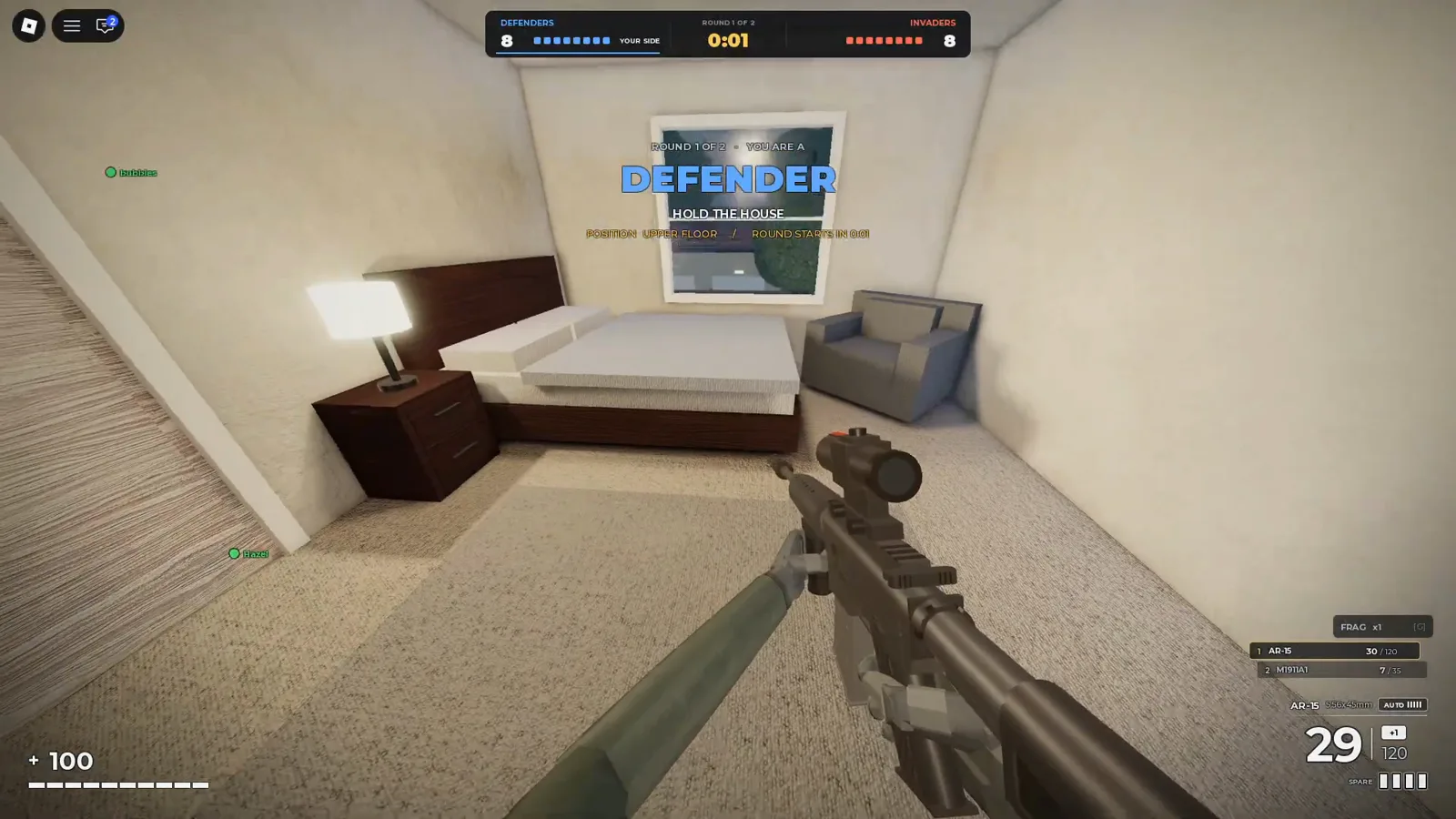 Realistic Home Defense defender spawn in an upstairs bedroom showing HOLD THE HOUSE, upper floor position, and AR-15 loadout before round start.