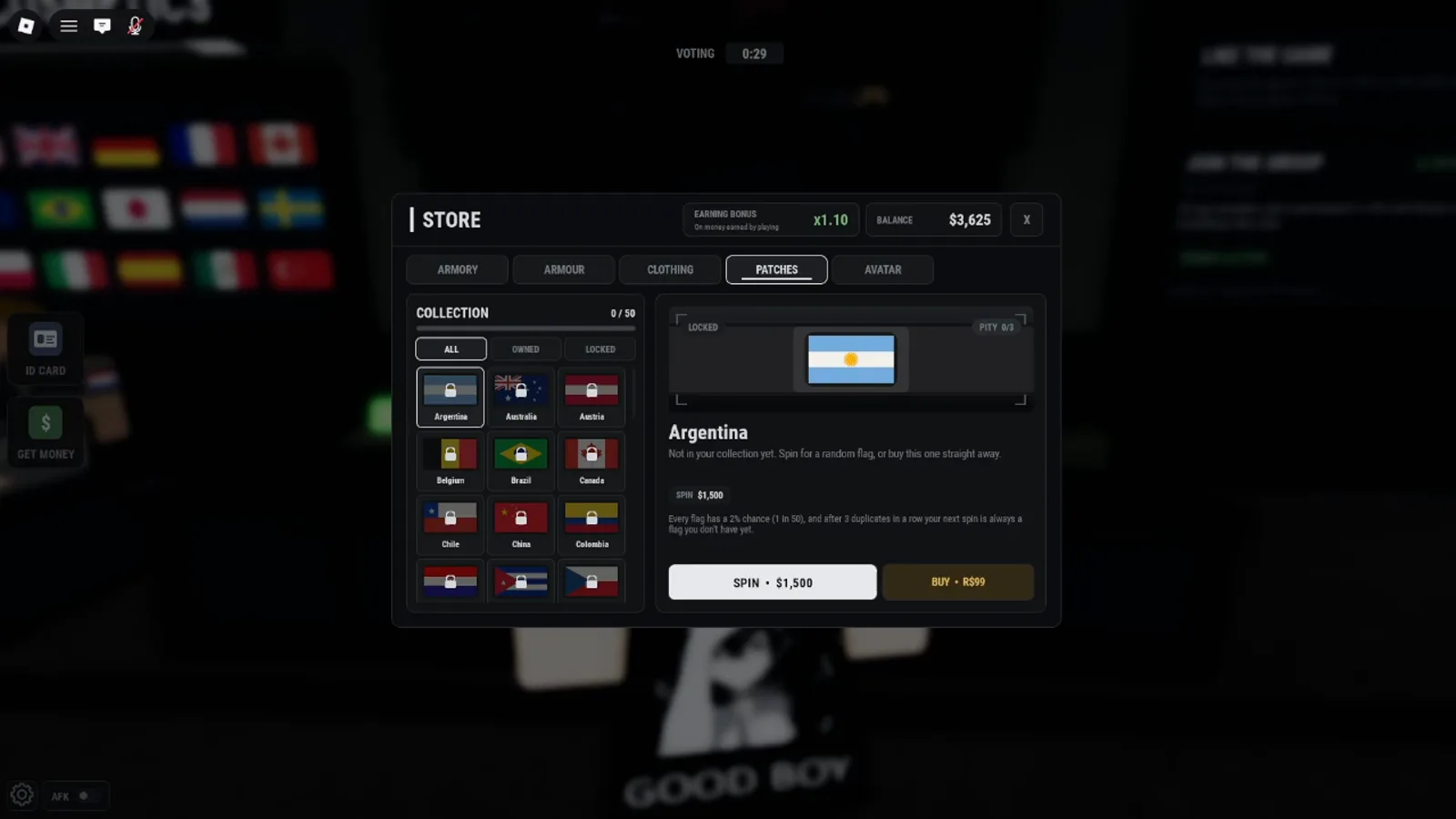 Realistic Home Defense lobby Store Patches tab showing Collection 0/50, Argentina locked at pity 0/3, spin $1,500 or buy R$99, plus x1.10 bonus.