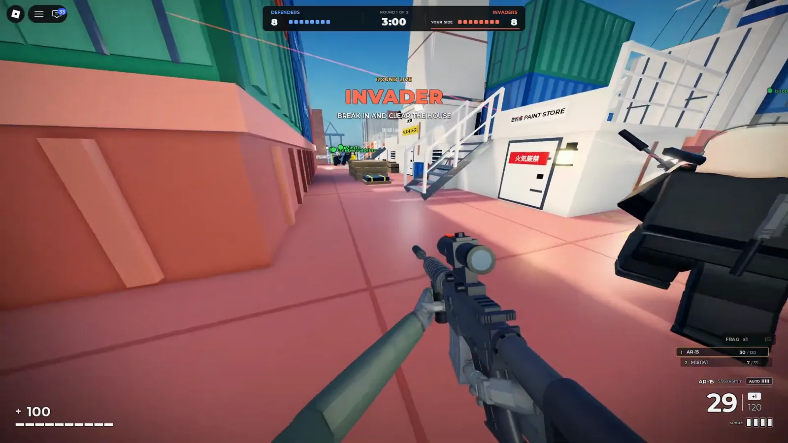 Realistic Home Defense Global Armory era harbor gameplay on stacked containers with Invader round HUD and PAINT STORE kanji fire warning sign.