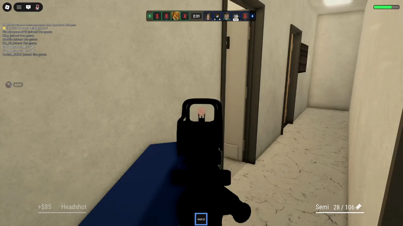 Realistic Home Defense first-person hallway hold with an M&P15 red-dot sight, Semi ammo readout, and a +$85 headshot cash popup.