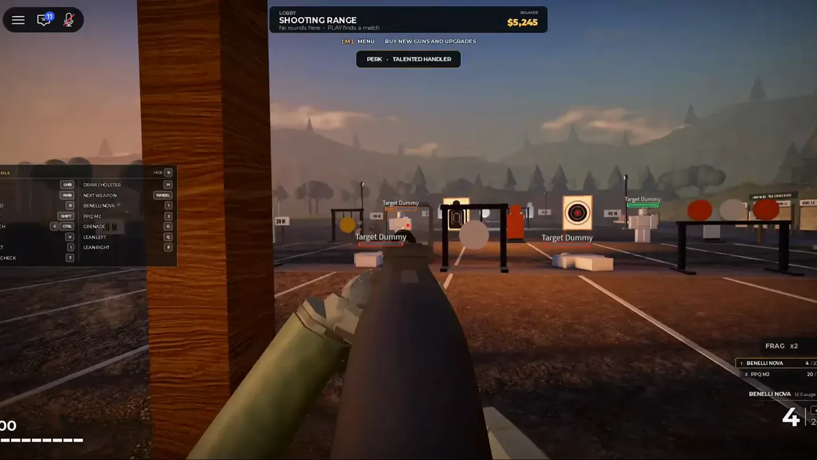 Realistic Home Defense lobby shooting range at dusk with SHOOTING RANGE header, Talented Handler perk, and Benelli Nova ADS on target dummies.