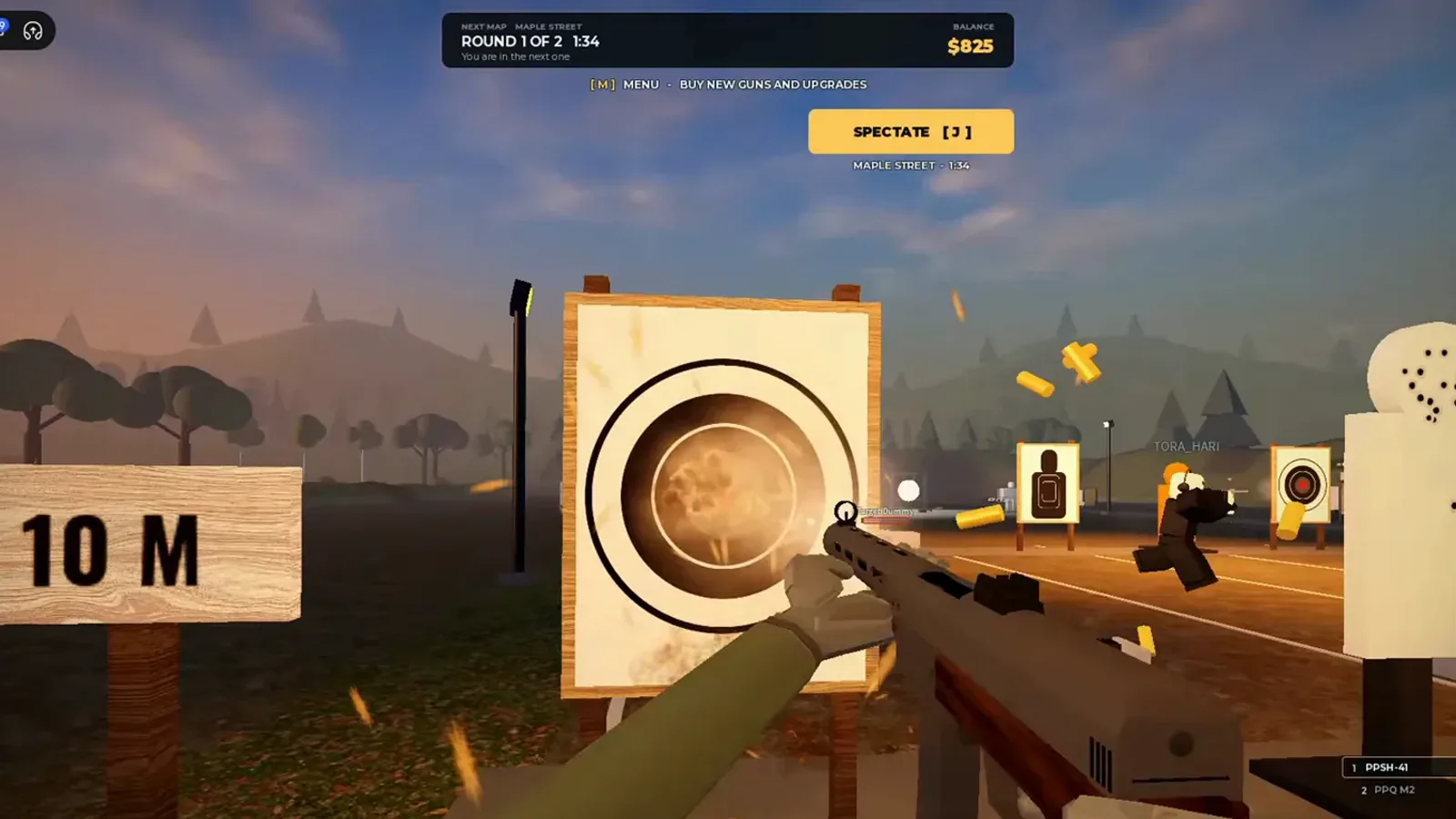 Realistic Home Defense shooting range warmup: PPSh-41 firing at a 10 M target while HUD shows Round 1 and Maple Street as next map.
