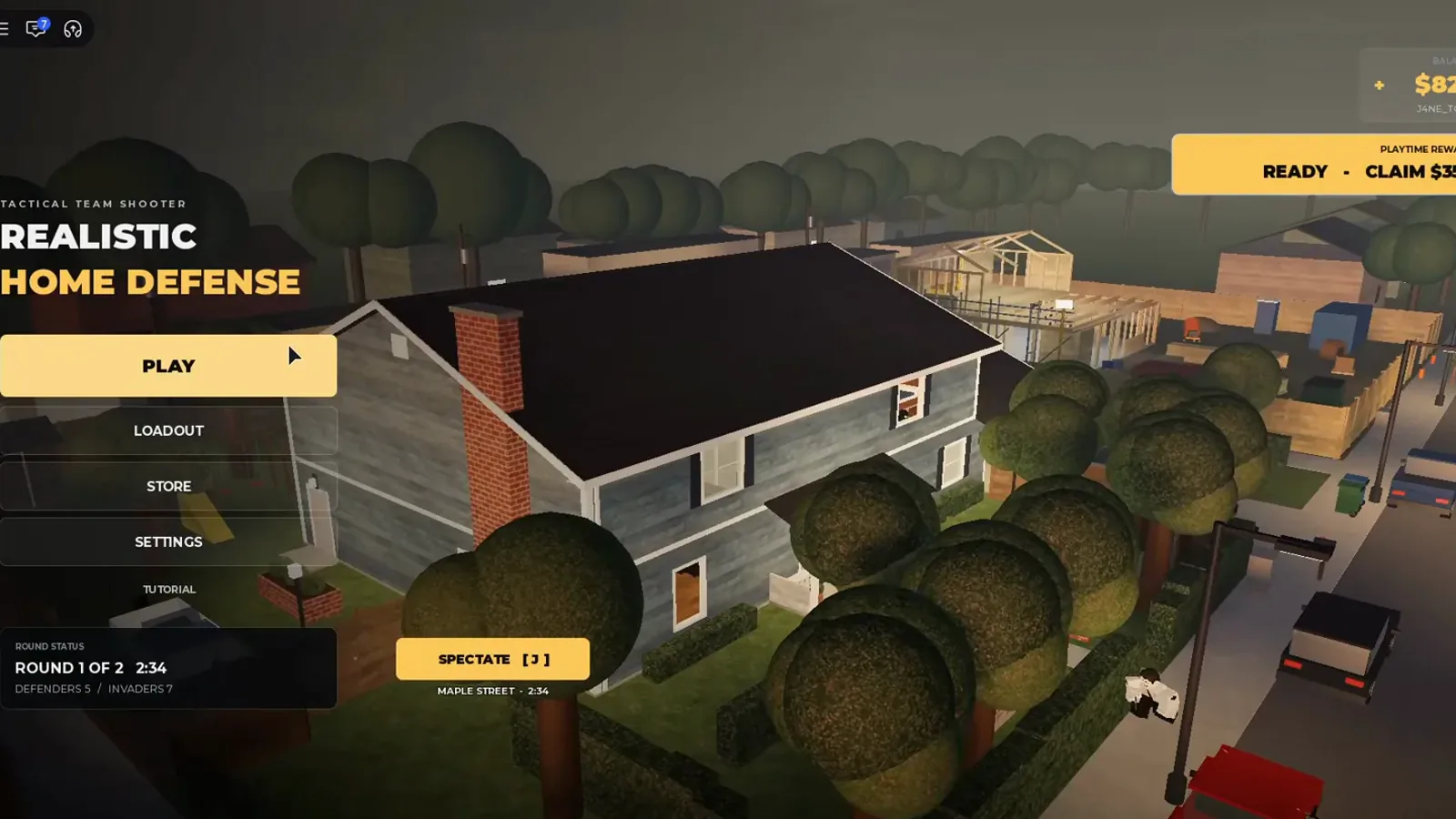 Realistic Home Defense aerial view over Maple Street houses with the Spectate J prompt and a 2:34 match timer on screen.