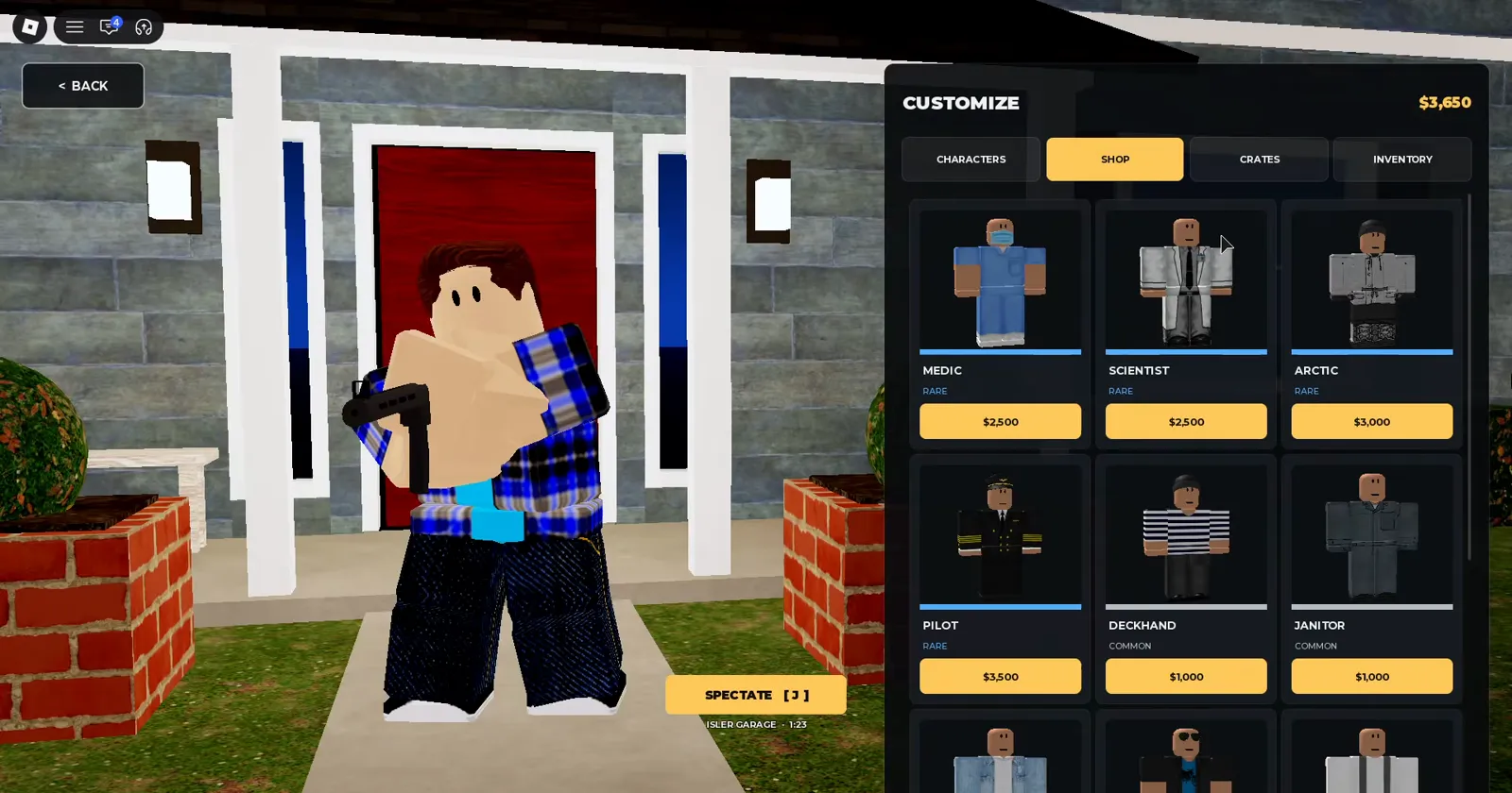 Realistic Home Defense Customize Shop lists Medic and Scientist skins at $2,500 over a suburban red door porch in daylight.