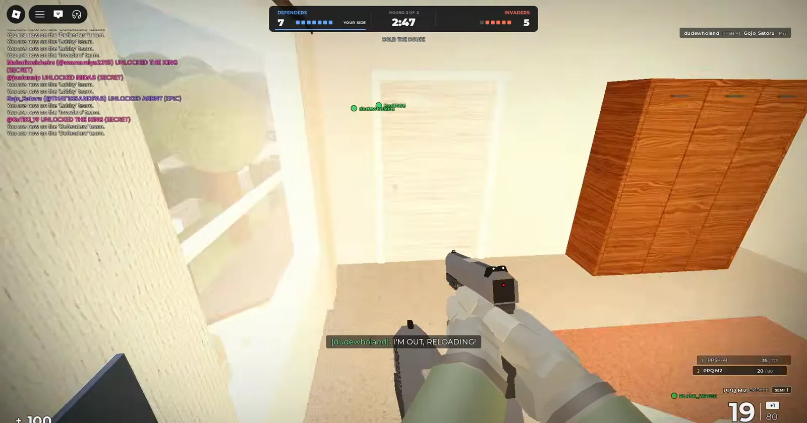Realistic Home Defense defender holds a PPQ M2 on a closed bedroom wood door while HUD reads Hold the House and Defenders lead 7 to 5.