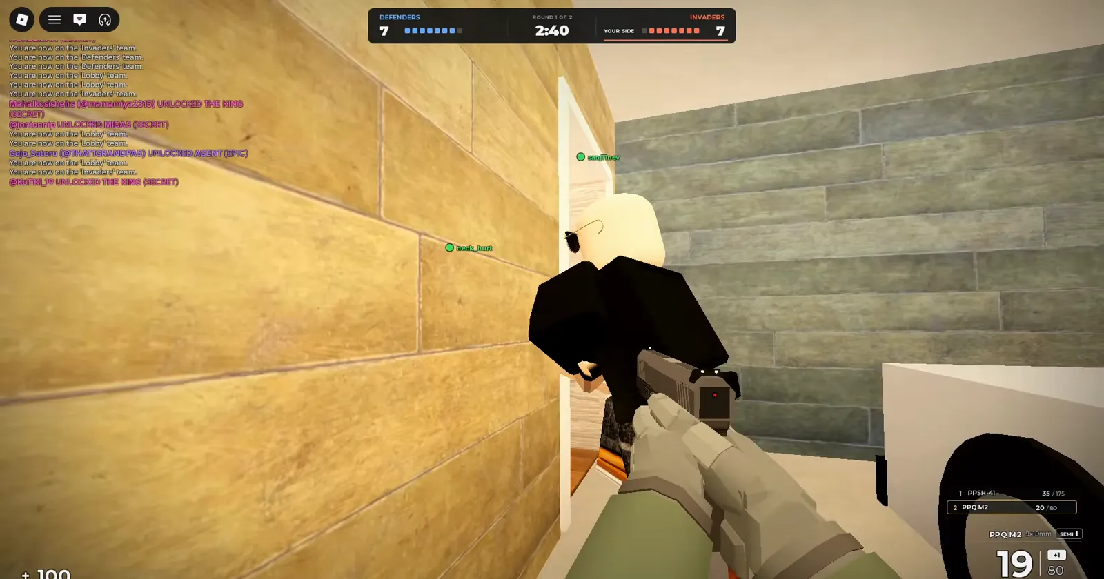 Realistic Home Defense CQB corner with PPQ M2 semi-auto HUD, stone and wood wall textures, and tied 7-7 Defenders and Invaders in Round 1.