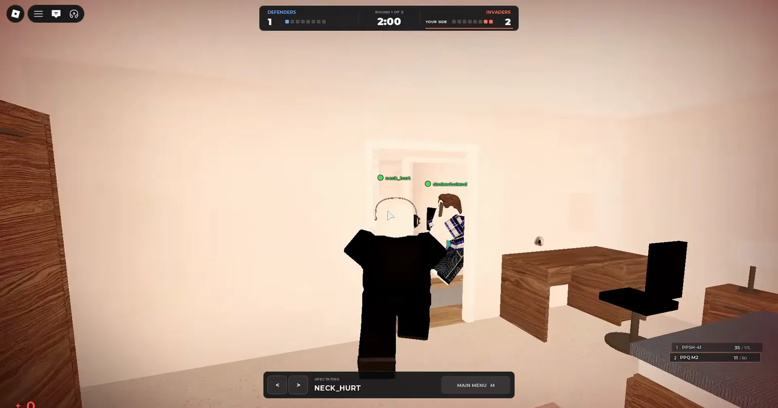 Realistic Home Defense spectate view of a desk and wardrobe room during Round 1 with PPSh-41 and PPQ M2 shown on the spectator HUD.