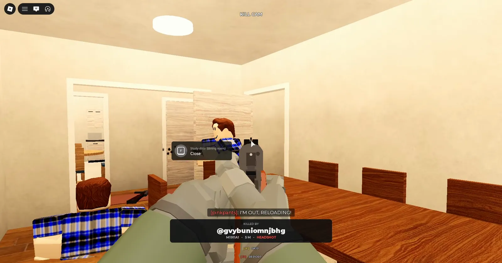 Realistic Home Defense Kill Cam in a dining room shows Study door interact text and an M1911A1 headshot at 5 meters on Maple Street interior.