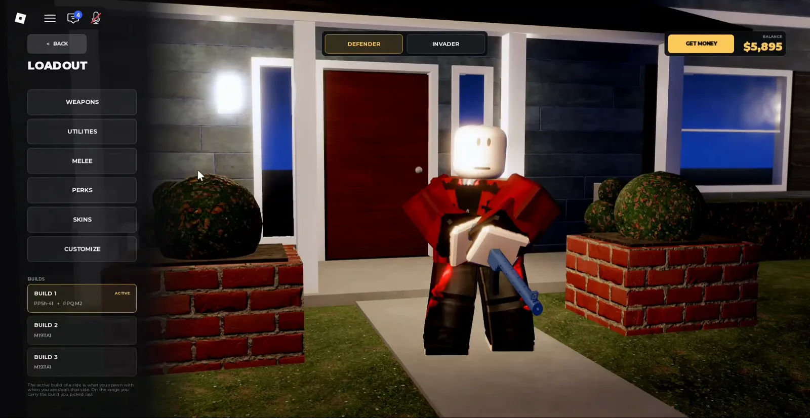 Realistic Home Defense LOADOUT at night on a Maple Street-style red front door with brick planters and PPSh-41 build active.