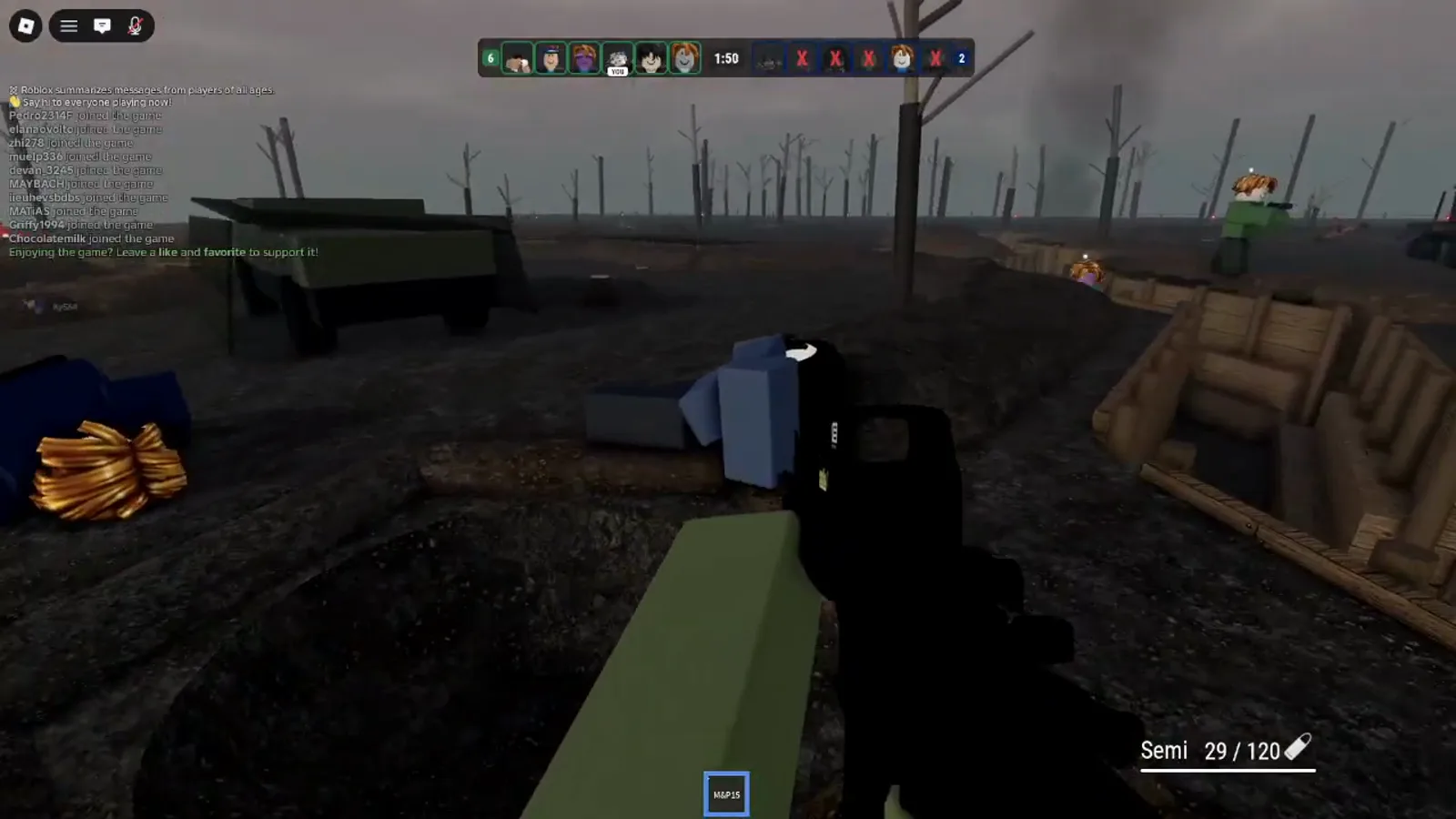 Realistic Home Defense trench lane beside a green military truck and wooden revetments, smoke on the horizon, M&P15 semi-auto ammo HUD.
