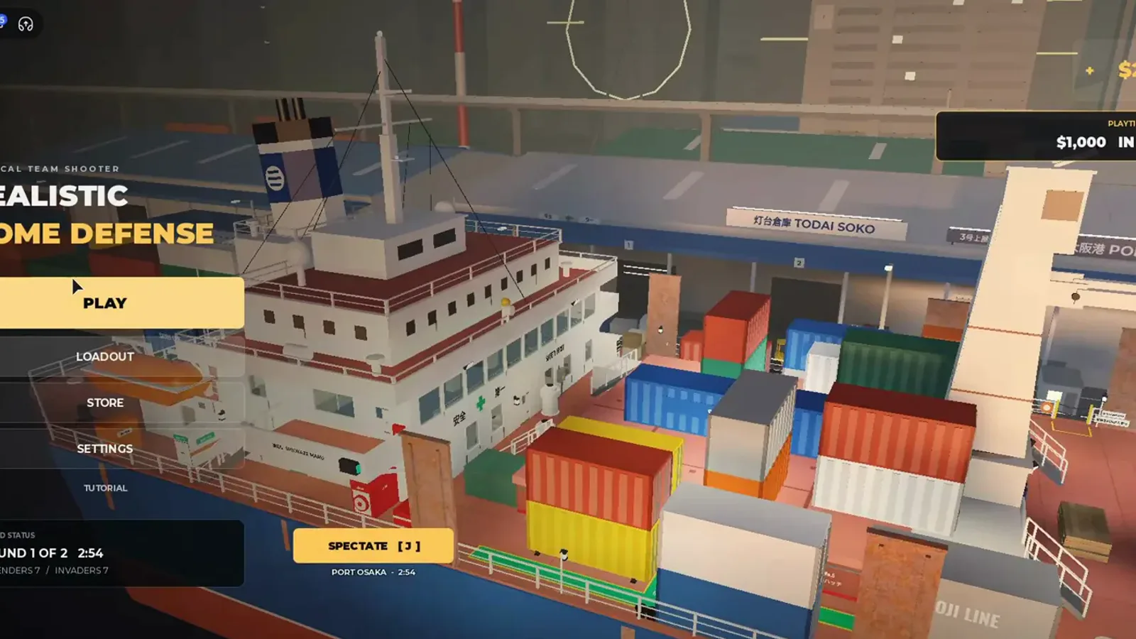 Realistic Home Defense main menu Play button over Port Osaka cargo ship backdrop with Loadout Store Settings Tutorial and Spectate J port timer.