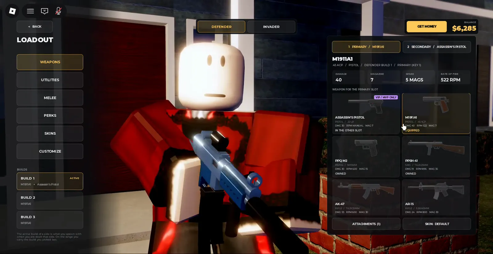 Realistic Home Defense LOADOUT M1911A1 stat panel shows 40 damage and 522 RPM without a visible Penetration label on this screen.
