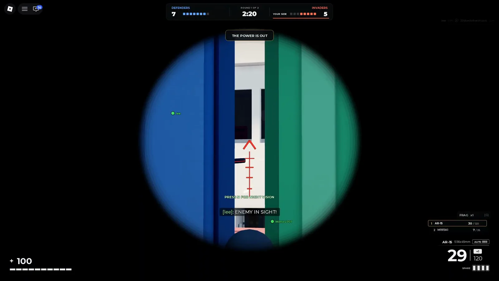 Realistic Home Defense scoped AR-15 view through a wall gap during a power outage, with Press N for night vision and enemy callout chat.