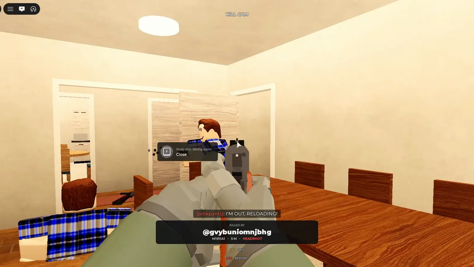 Realistic Home Defense kill cam in a dining room showing M1911A1 5M headshot, killed by @gvybuniomnjbhg, with X skip and B report prompts.