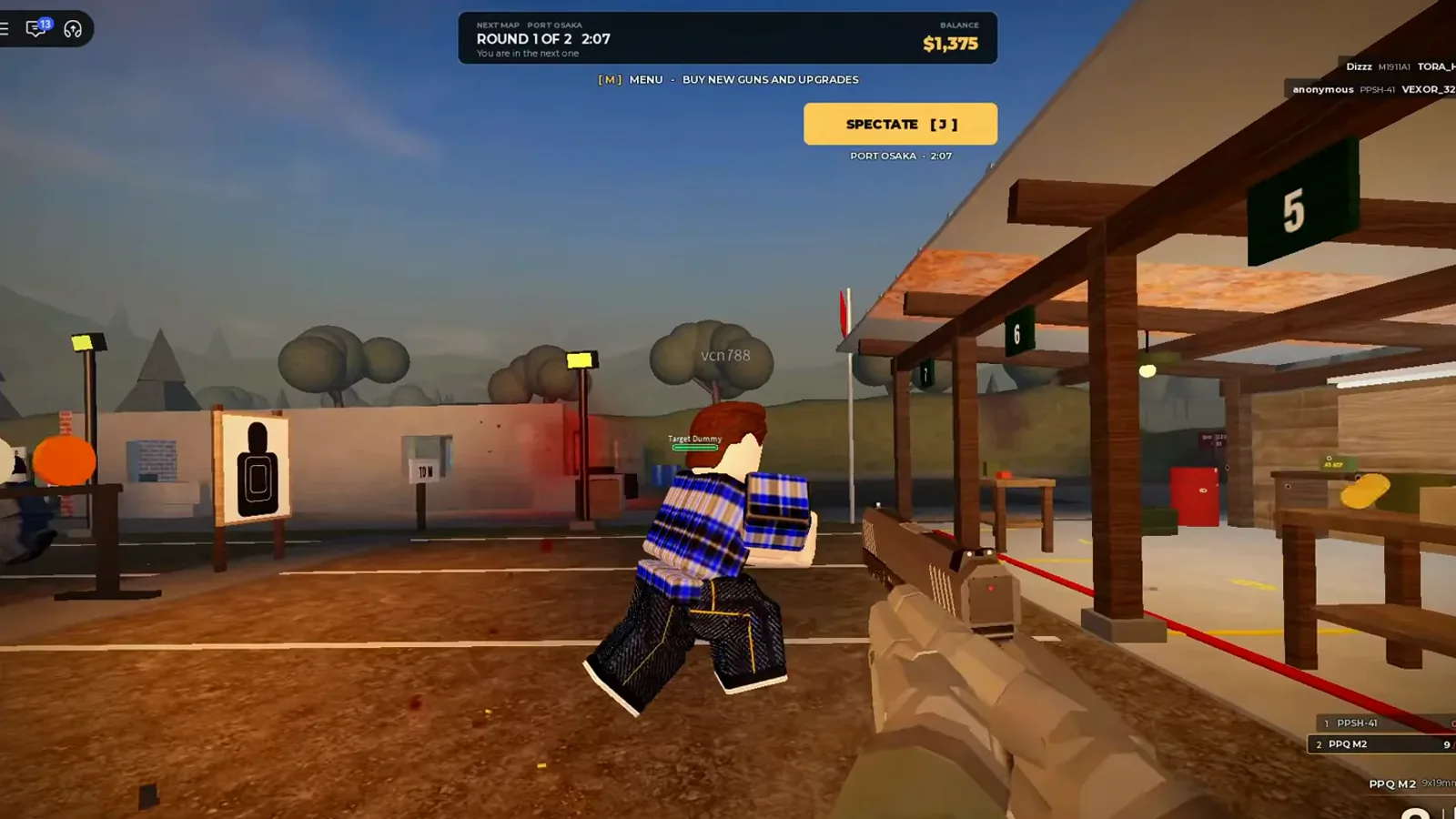 Realistic Home Defense shooting range between rounds with M menu shop hint, Spectate J, Port Osaka next map, balance $1,375, and PPQ M2 equipped.